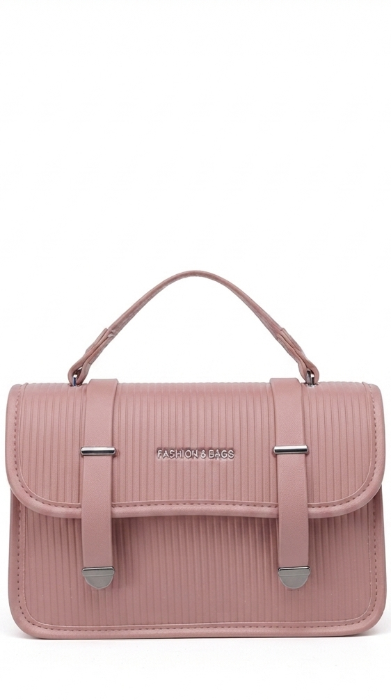 A dusty pink textured leather handbag with a top handle and silver-tone hardware, shown against a white background with a transparent checkerboard cutout effect at the bottom.