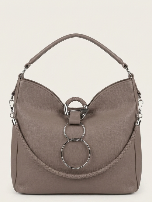 A taupe leather shoulder bag with a distinctive curved top, a braided strap detail, and a large silver-tone triple-ring hardware closure on the front, set against a solid off-white background.