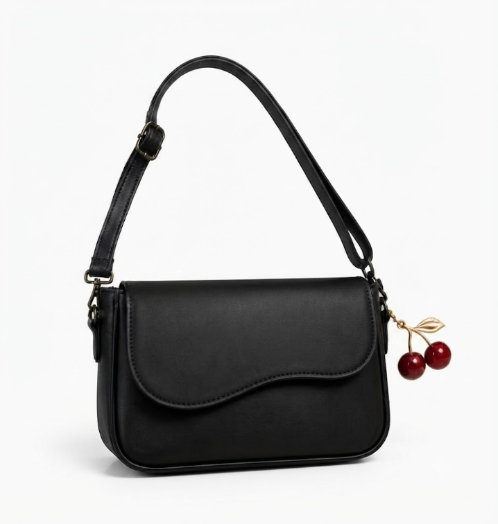 A black faux-leather shoulder bag with a curved flap, gold-tone hardware, and a decorative cherry charm hanging from the side, shown on a plain white background.