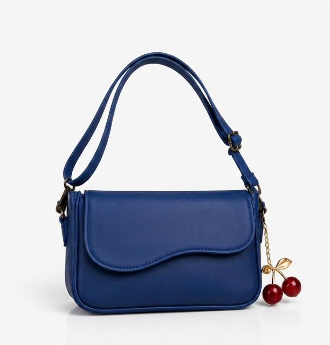 A royal blue faux leather shoulder bag with a flap front, adjustable shoulder strap, and a dangling cherry charm with red beads and gold-tone metal.