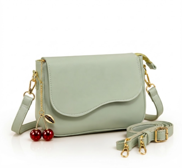 A sage green faux leather crossbody bag with a wavy front flap, gold-tone hardware, and a dangling cherry charm, shown with its detachable strap on a white background.