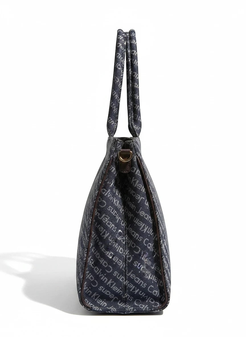 Navy logo print canvas tote bag front view