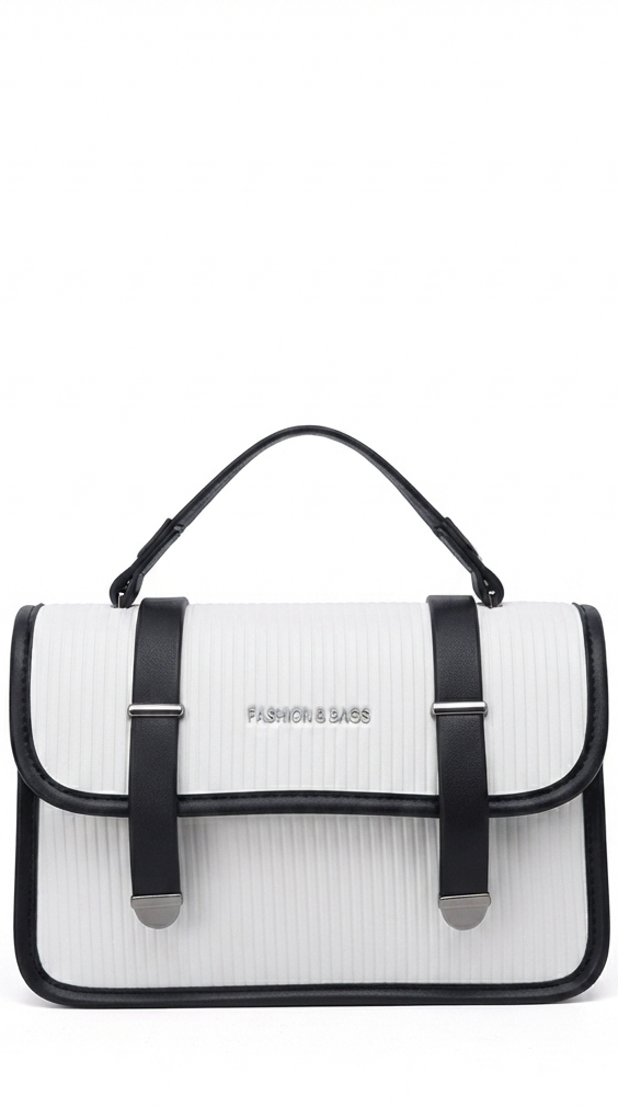A structured white shoulder bag with black trim, double black straps, and a top handle, shown on a plain white background. The brand name 'FURINICI & SAGRE' is printed in gold on the front flap.